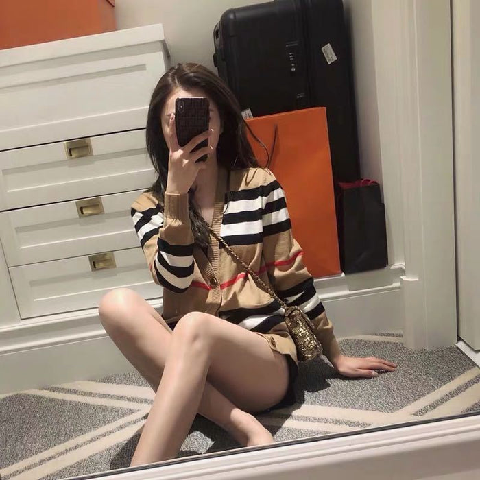 Thin V-neck Sweater Coat Loose Color Matching All-Match Blouse Women