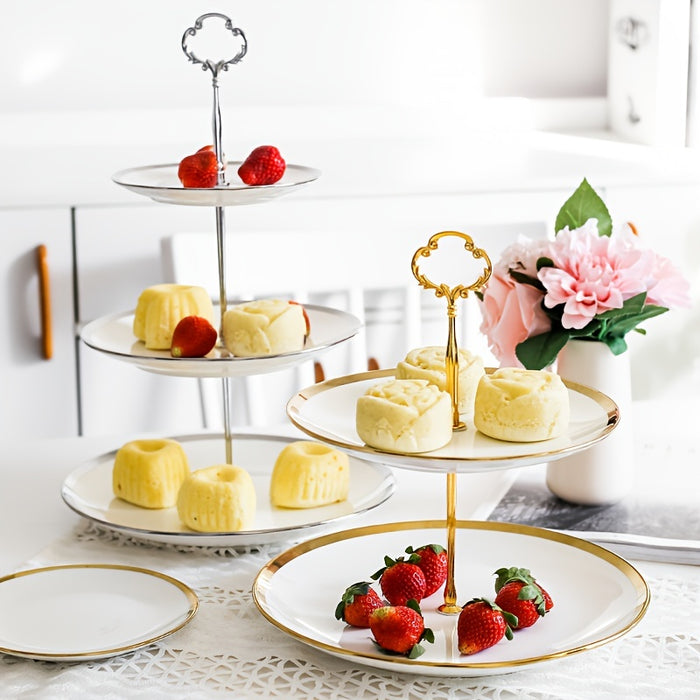 Decorative Tray European Gold Phnom Penh Ceramic Three-layer Fruit Tray Cake Stand Home Living Room Tea Table Afternoon Tea Candy Dessert Dessert Tray