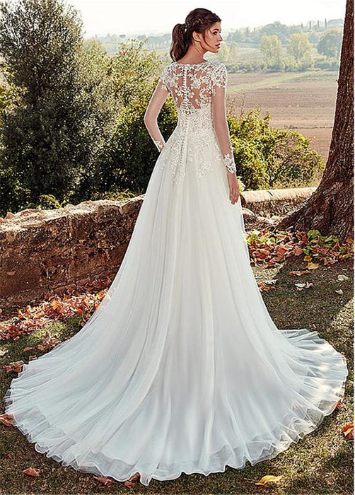 Abito da sposa semplice a coda lunga con scollo a U in pizzo a maniche lunghe e linea lunga