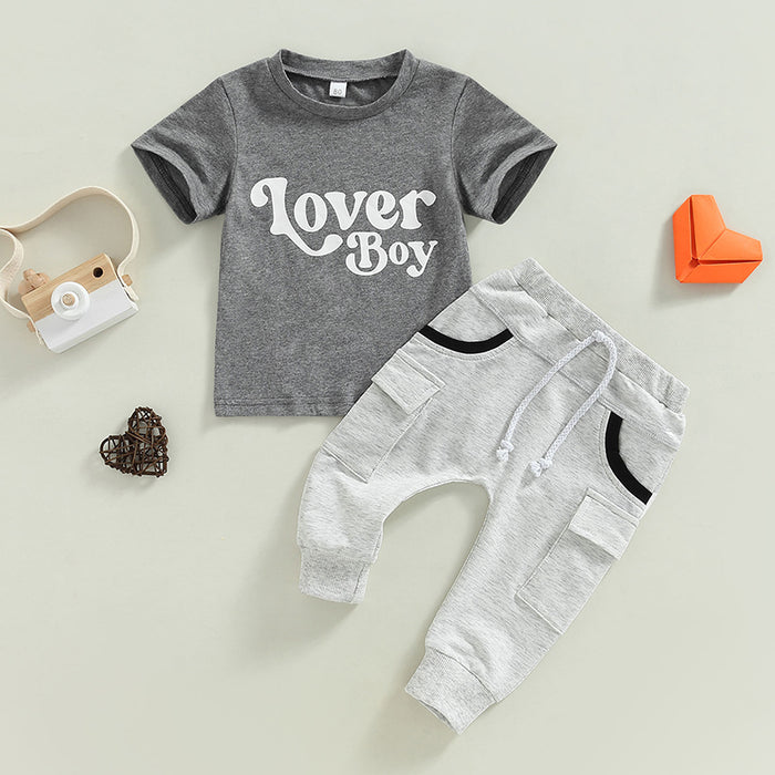 T-shirt con stampa monogramma a maniche corte per neonato Set di abbigliamento estivo grigio