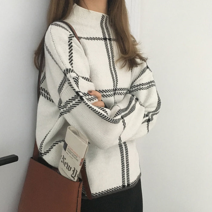 Core-spun high neck plaid sweater sweater top women