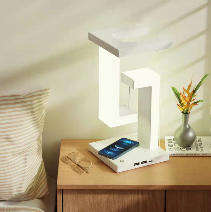 Lampada da tavolo a sospensione con ricarica wireless creativa per smartphone Lampada da equilibrio galleggiante per la camera da letto di casa