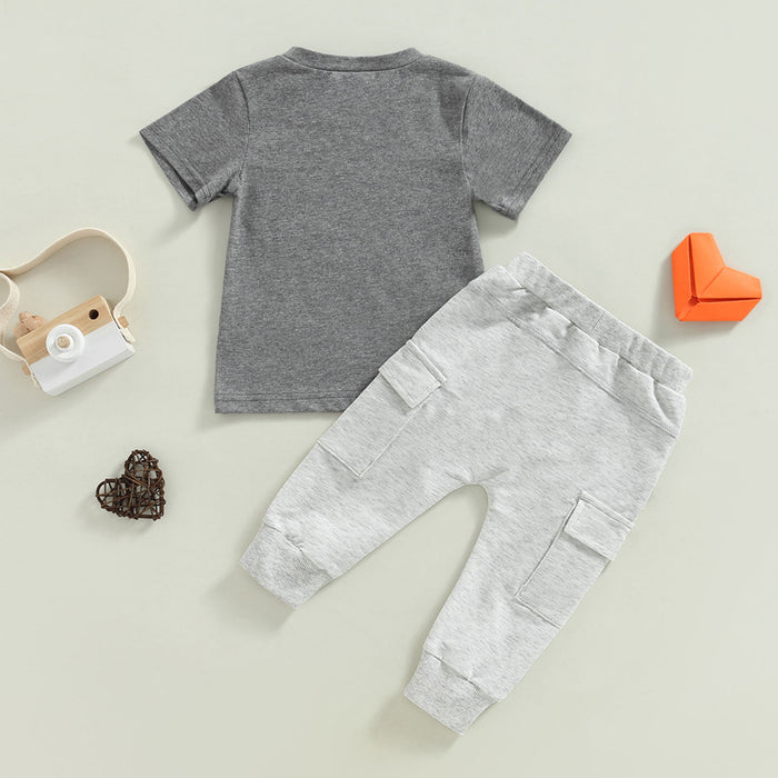 Conjunto de roupas de verão cinza para bebê menino manga curta com estampa monograma