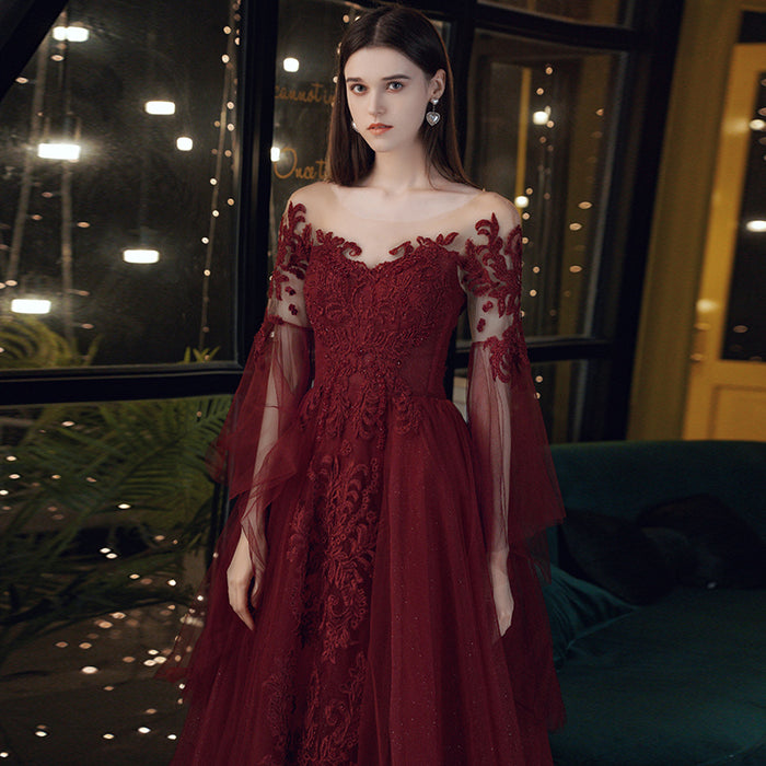 Women's Temperament Fashion Burgundy Lace Evening Dress