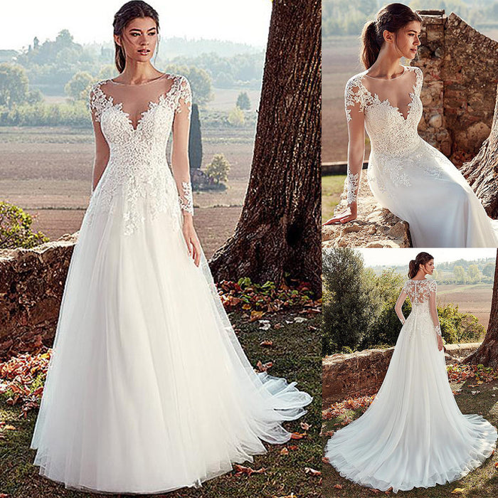 Robe de mariée simple en dentelle, col en U, manches longues, ligne a, longue queue