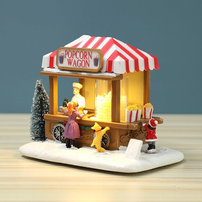 Weihnachts-Speisewagen, LED-beleuchtetes Haus, Kunstharz, Popcorn-Wagen-Ornament
