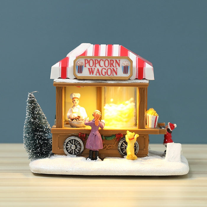 Weihnachts-Speisewagen, LED-beleuchtetes Haus, Kunstharz, Popcorn-Wagen-Ornament